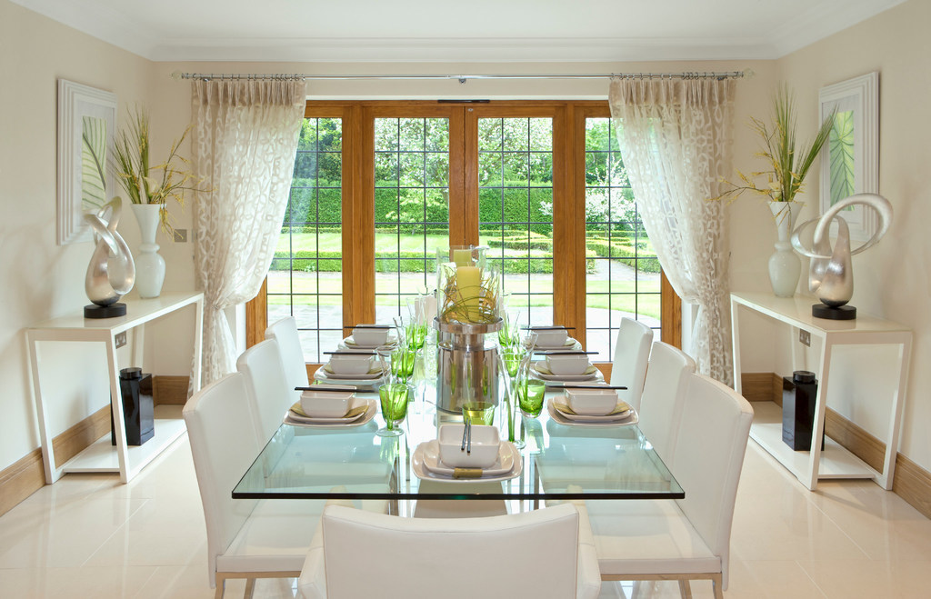 glass table, white chairs